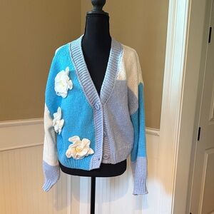 Sunday Blue and White Cardigan with Floral Accents